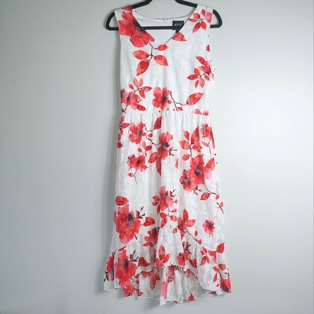 8 ECI White Floral Printed Flounce Midi Dress